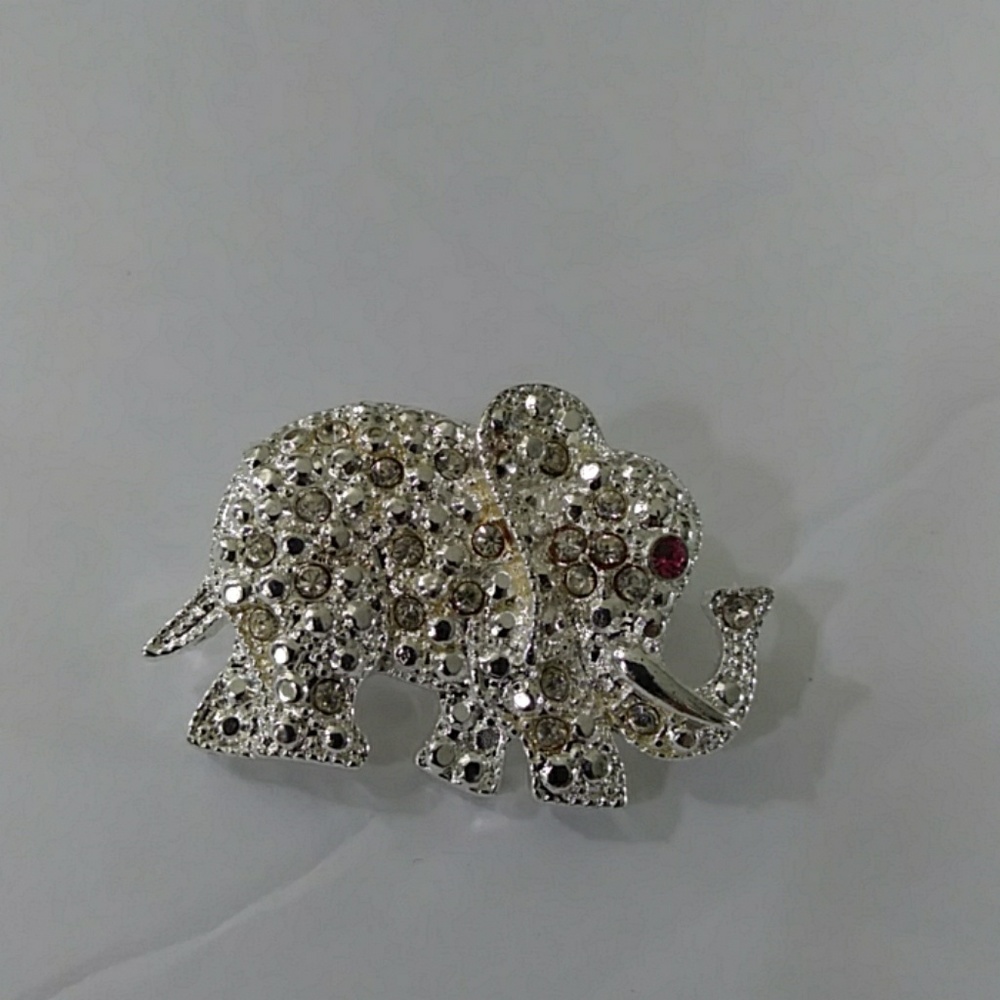 Silver-Tone Metal Rhinestone Embellished Elephant Brooch